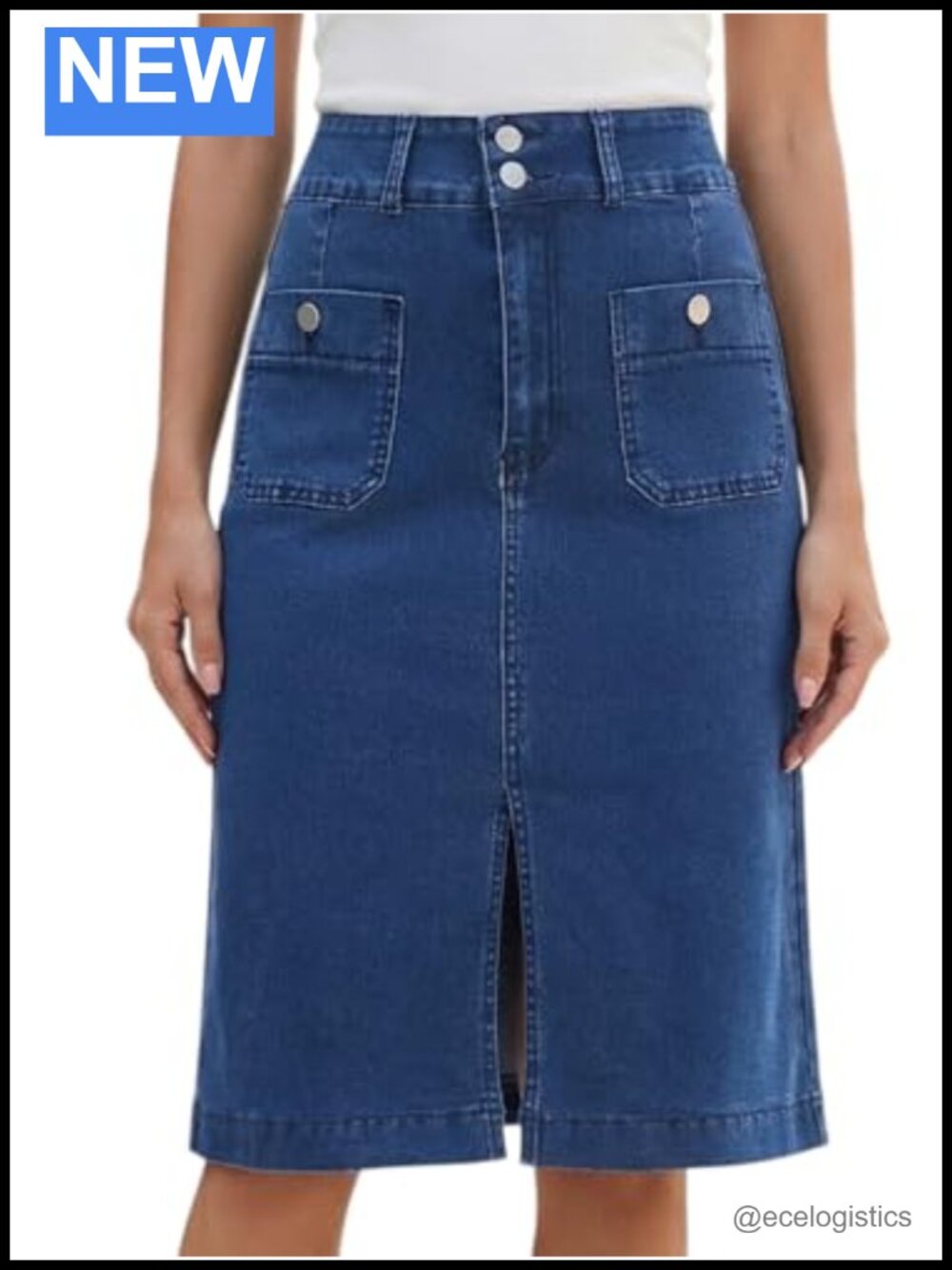 Women High Waisted Stretchy Denim Skirt Below Knee Pockets